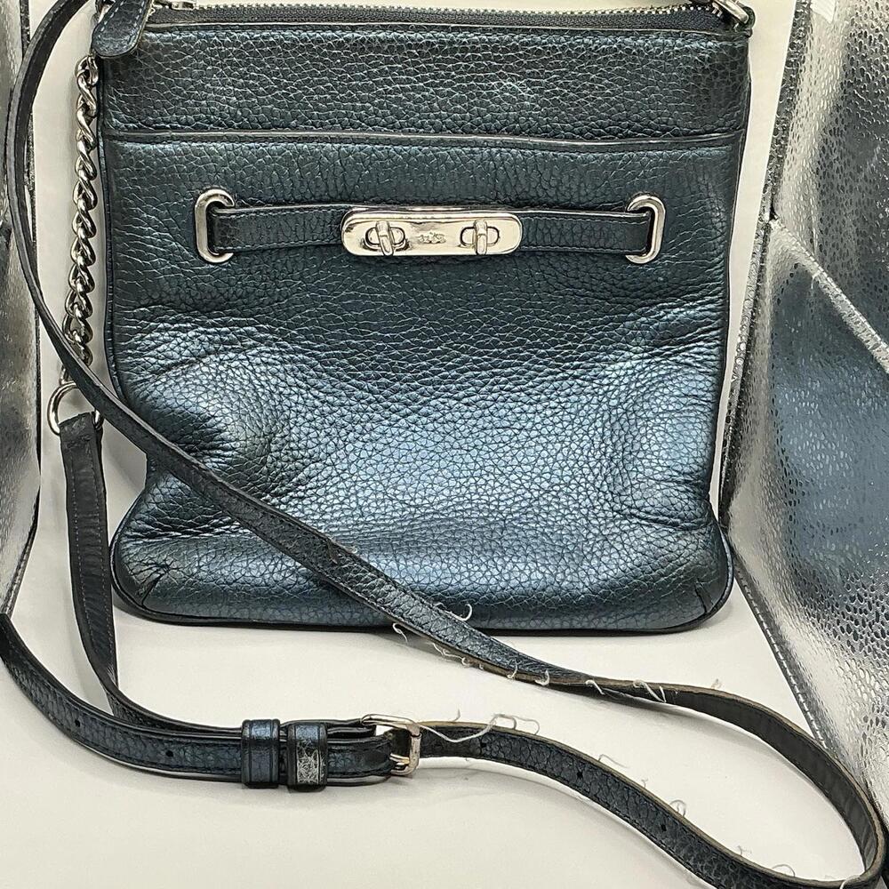 COACH #36502 Swagger Swingpack Metallic Blue Pebble Leather CrossBody Bag
